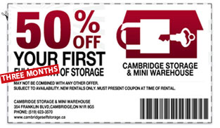 Coupon for the first month with Cambridge Self Storage.